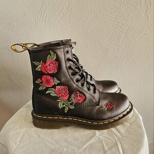 Dr. Martens Black Boots with Red Rose Embroidery
